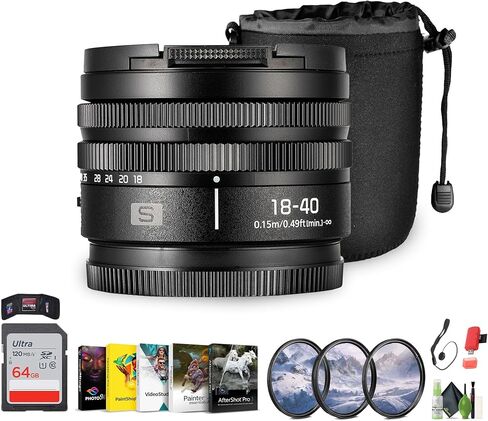 مجموعة عدسات Panasonic Lumix S مقاس 18-40 مم f/4.5-6.3 مع بطاقة ذاكرة سعة 64 جيجابايت + مجموعة مرشحات عالية الدقة مقاس 62 مم مكونة من 3 قطع + حقيبة عدسة + المزيد in Kuwait
