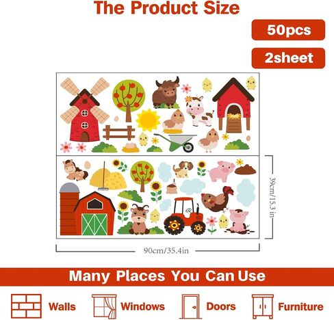 PLIGREAT 2 Sheets Cute Farm Animals Wall Stickers Cartoon Cow Pig Farm House Wall Decals for Bedroom Playroom Nursery Cabinet Door Decor Home Indoor DIY Large Size Stickers Decoration in Saudi Arabia