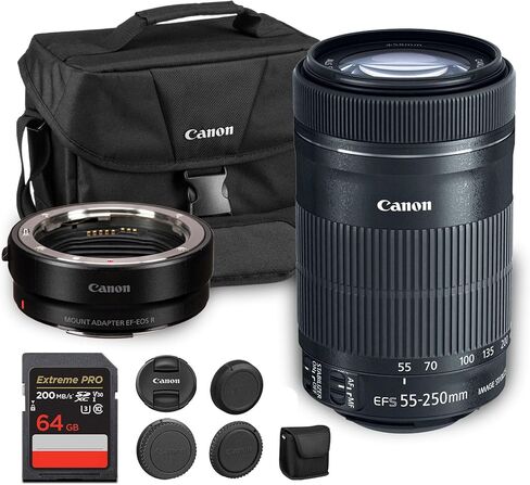 عدسة كانون EF-S 55-250mm f/4-5.6 IS STM | تكبير تليفوتوغرافي مدمج مع تثبيت الصورة والتركيز التلقائي السلس لـ STM | مثالية للتصوير الفوتوغرافي أثناء ممارسة الرياضة والسفر والتصوير اليومي + محول EF-EOS R + حقيبة + بطاقة سعة 64 جيجابايت in Kuwait