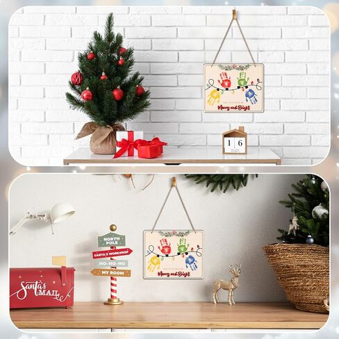 أضواء عيد الميلاد ببصمة يد ثايل، زخرفة بصمة يد عيد الميلاد الأولى للطفل DIY حرفة الهدال الخشبية لعيد الميلاد ريفي معلق ديكور فني للحضانة لاستحمام الطفل هدية لحديثي الولادة تذكار للذاكرة in Kuwait