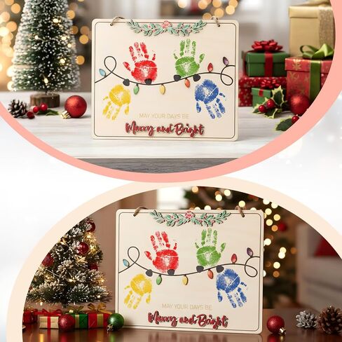أضواء عيد الميلاد ببصمة يد ثايل، زخرفة بصمة يد عيد الميلاد الأولى للطفل DIY حرفة الهدال الخشبية لعيد الميلاد ريفي معلق ديكور فني للحضانة لاستحمام الطفل هدية لحديثي الولادة تذكار للذاكرة in Kuwait