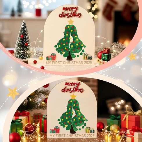 أضواء عيد الميلاد ببصمة يد ثايل، زخرفة بصمة يد عيد الميلاد الأولى للطفل DIY حرفة الهدال الخشبية لعيد الميلاد ريفي معلق ديكور فني للحضانة لاستحمام الطفل هدية لحديثي الولادة تذكار للذاكرة in Saudi Arabia
