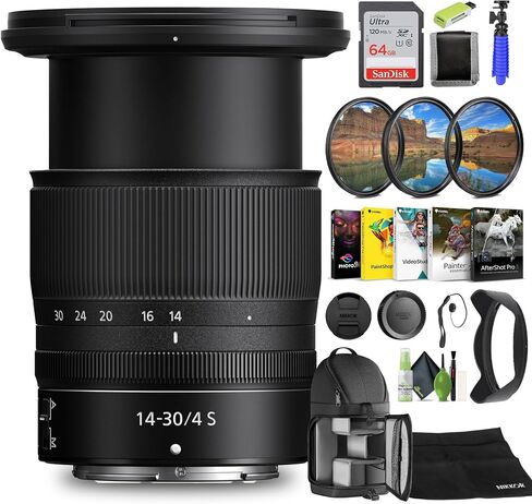 Nikon NIKKOR Z 14-30mm f/4.0 S Zoom Lens Z Cameras (20070) + 64GB Memory Card + Filter Kit + Backpack + Card Reader + Corel Photo Software + Flex Tripod + Memory Wallet + More in Saudi Arabia