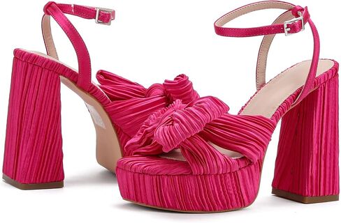 Pleated Bow Chunky Heels Platform Sandals for Women Open-back Ankle Strap Block High Heeled Dressy Sandals in Kuwait