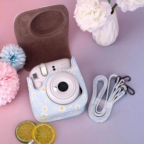 حافظة حماية Frankmate مناسبة لكاميرا Fujifilm Instax Mini 12 11 9 8، حقيبة كاميرا من جلد البولي يوريثان مع جيب وحزام كتف قابل للتعديل (أزرق ديزي) in Kuwait