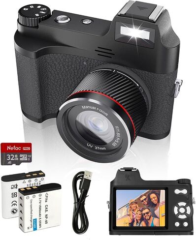 4K Digital Camera for Photography and Vidoes, 2025 Latest 48MP Vlogging Camera for YouTube, 16X Zoom Compact Travel Cameras with 32G SD Card, Anti-Shake, 2 Batteries,Retro-Style (Black) in Saudi Arabia