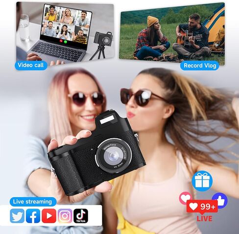 4K Digital Camera for Photography and Vidoes, 2025 Latest 48MP Vlogging Camera for YouTube, 16X Zoom Compact Travel Cameras with 32G SD Card, Anti-Shake, 2 Batteries,Retro-Style (Black) in Saudi Arabia