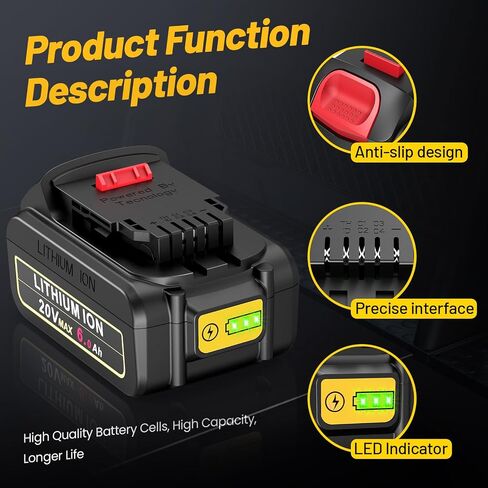 مجموعة بطارية وشاحن 20 فولت 6 أمبير - بديل لـ Dewalt DCB206/DCB204، متوافق مع أدوات 20 فولت/12 فولت (سلسلة DCD/DCF/DCG/DCS)​ in Saudi Arabia