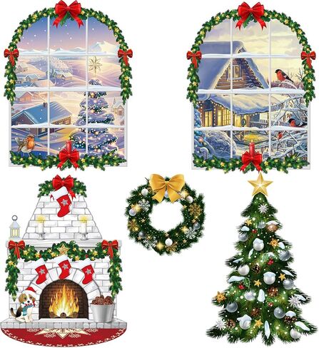 Irenare Christmas Wall Decor Fireplace Backdrop Decorations Photo Background Window Winter Christmas Tree Wreath Backdrop for Home Halloween Birthday Party Decor (Cute) in Kuwait