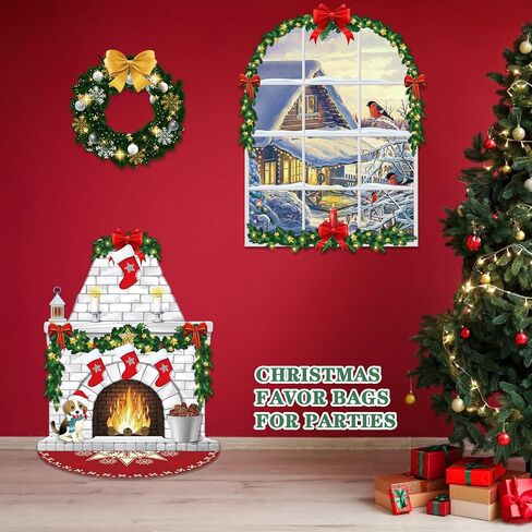 Irenare Christmas Wall Decor Fireplace Backdrop Decorations Photo Background Window Winter Christmas Tree Wreath Backdrop for Home Halloween Birthday Party Decor (Cute) in Kuwait
