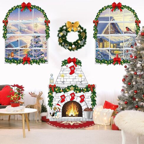 Irenare Christmas Wall Decor Fireplace Backdrop Decorations Photo Background Window Winter Christmas Tree Wreath Backdrop for Home Halloween Birthday Party Decor (Cute) in Kuwait