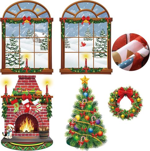 Irenare Christmas Wall Decor Fireplace Backdrop Decorations Photo Background Window Winter Christmas Tree Wreath Backdrop for Home Halloween Birthday Party Decor (Cute) in Kuwait