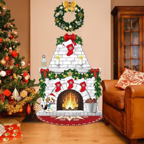Irenare Christmas Wall Decor Fireplace Backdrop Decorations Photo Background Window Winter Christmas Tree Wreath Backdrop for Home Halloween Birthday Party Decor (Cute) in Kuwait