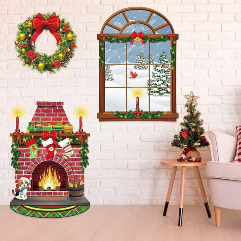 Irenare Christmas Wall Decor Fireplace Backdrop Decorations Photo Background Window Winter Christmas Tree Wreath Backdrop for Home Halloween Birthday Party Decor (Cute) in Kuwait