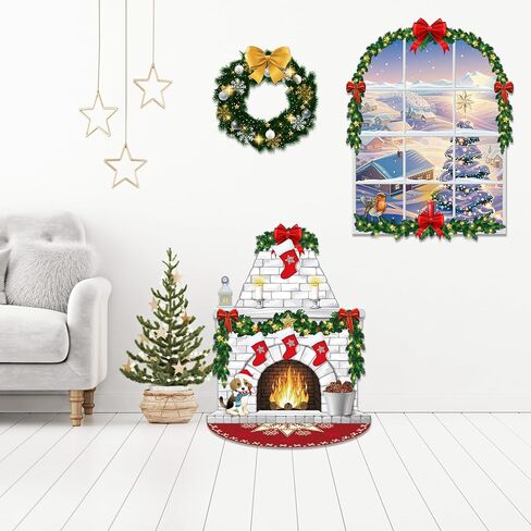 Irenare Christmas Wall Decor Fireplace Backdrop Decorations Photo Background Window Winter Christmas Tree Wreath Backdrop for Home Halloween Birthday Party Decor (Cute) in Kuwait