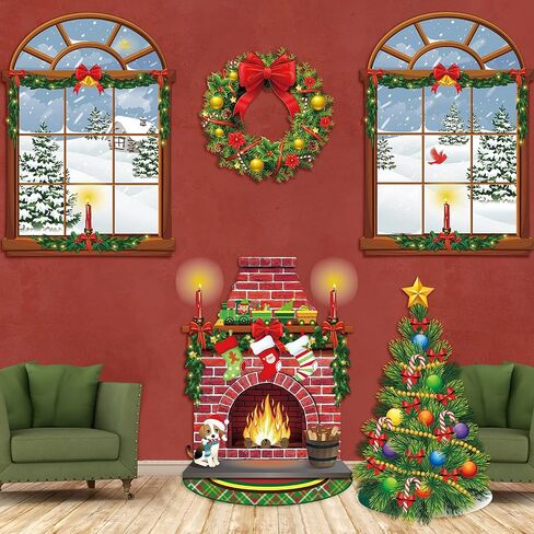 Irenare Christmas Wall Decor Fireplace Backdrop Decorations Photo Background Window Winter Christmas Tree Wreath Backdrop for Home Halloween Birthday Party Decor (Cute) in Kuwait