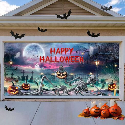 Large Halloween Garage Door Decorations 6x13FT Skeleton and Pumpkin Banner Outdoor Haunted House Cemetery Decor Scary Skull Ghosts Garage Door Cover for Halloween Party Supplies in Saudi Arabia
