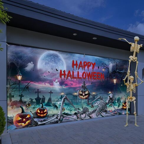 Large Halloween Garage Door Decorations 6x13FT Skeleton and Pumpkin Banner Outdoor Haunted House Cemetery Decor Scary Skull Ghosts Garage Door Cover for Halloween Party Supplies in Saudi Arabia