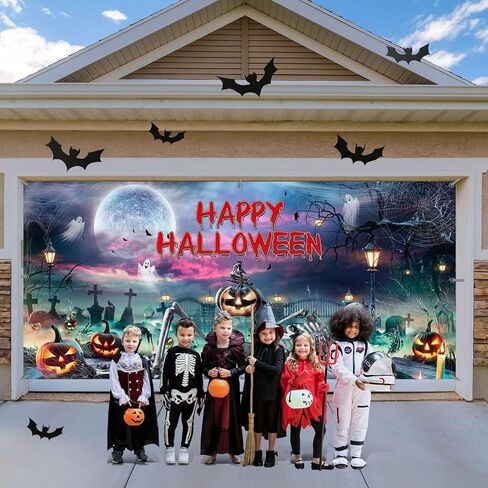 Large Halloween Garage Door Decorations 6x13FT Skeleton and Pumpkin Banner Outdoor Haunted House Cemetery Decor Scary Skull Ghosts Garage Door Cover for Halloween Party Supplies in Saudi Arabia