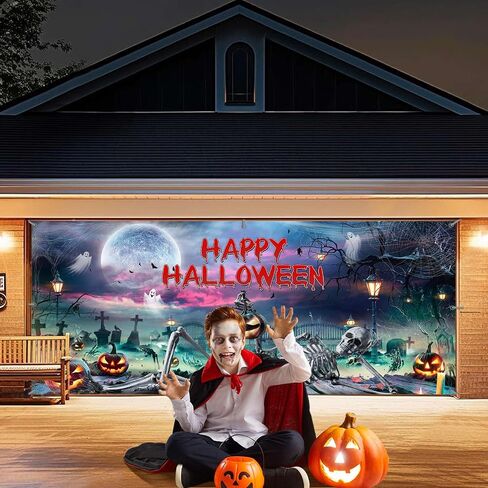 Large Halloween Garage Door Decorations 6x13FT Skeleton and Pumpkin Banner Outdoor Haunted House Cemetery Decor Scary Skull Ghosts Garage Door Cover for Halloween Party Supplies in Saudi Arabia