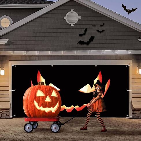 Halloween Garage Door Cover Decorations Large Hanging Backdrop Door Cover Halloween Garage Wall Decorations for Outdoor Indoor Holiday Party Wall Home Window Yard (16x8FT) in Saudi Arabia