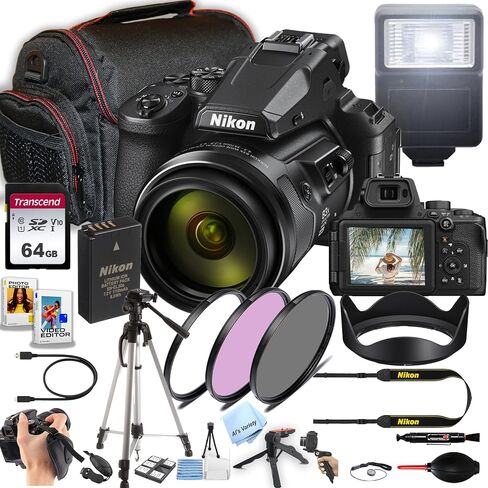 كاميرا نيكون COOLPIX P950 الرقمية زووم 24-2000 ملم | 83x، فيديو بدقة 16 ميجابكسل بدقة 4K + ذاكرة سعة 64 جيجابايت، وحقيبة، وحامل ثلاثي القوائم، ومرشحات، وفلاش والمزيد (حزمة كاميرا مكونة من 28 قطعة) (متجددة) in Saudi Arabia