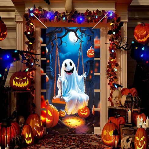 CCINEE Halloween Door Cover, Large Fabric Ghost Pumpkins Moon Night Front Door Banner Spooky Poster for Porch Haunted House Carnival Party Outdoor Indoor Halloween Decoration, 71.7x35.4inches in Saudi Arabia