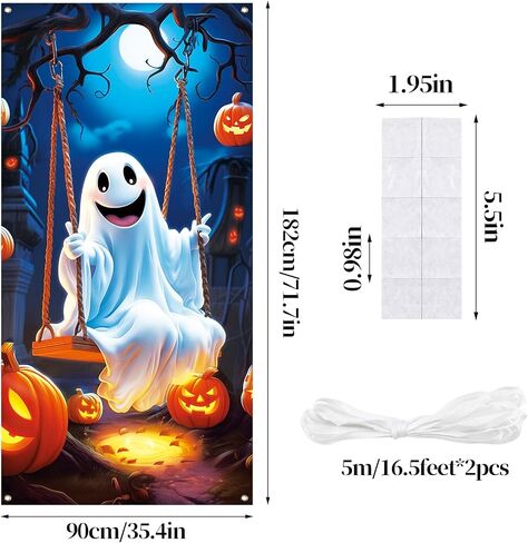 CCINEE Halloween Door Cover, Large Fabric Ghost Pumpkins Moon Night Front Door Banner Spooky Poster for Porch Haunted House Carnival Party Outdoor Indoor Halloween Decoration, 71.7x35.4inches in Saudi Arabia