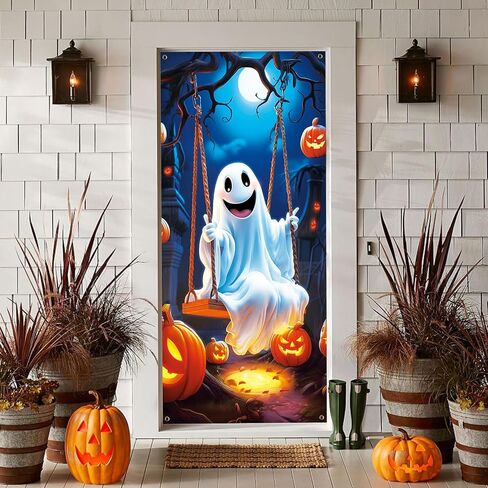 CCINEE Halloween Door Cover, Large Fabric Ghost Pumpkins Moon Night Front Door Banner Spooky Poster for Porch Haunted House Carnival Party Outdoor Indoor Halloween Decoration, 71.7x35.4inches in Saudi Arabia