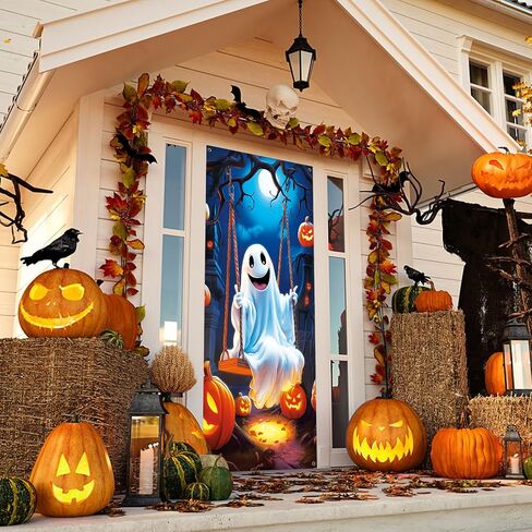CCINEE Halloween Door Cover, Large Fabric Ghost Pumpkins Moon Night Front Door Banner Spooky Poster for Porch Haunted House Carnival Party Outdoor Indoor Halloween Decoration, 71.7x35.4inches in Saudi Arabia