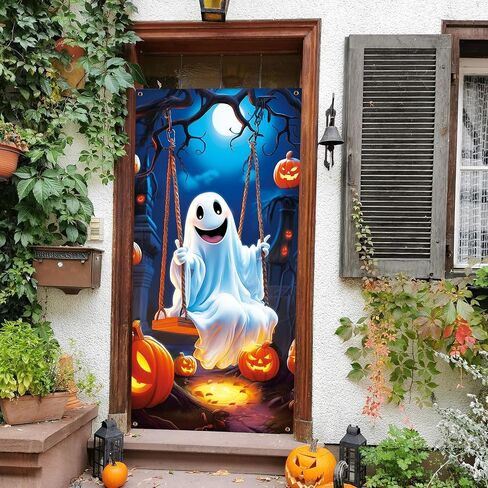 CCINEE Halloween Door Cover, Large Fabric Ghost Pumpkins Moon Night Front Door Banner Spooky Poster for Porch Haunted House Carnival Party Outdoor Indoor Halloween Decoration, 71.7x35.4inches in Saudi Arabia
