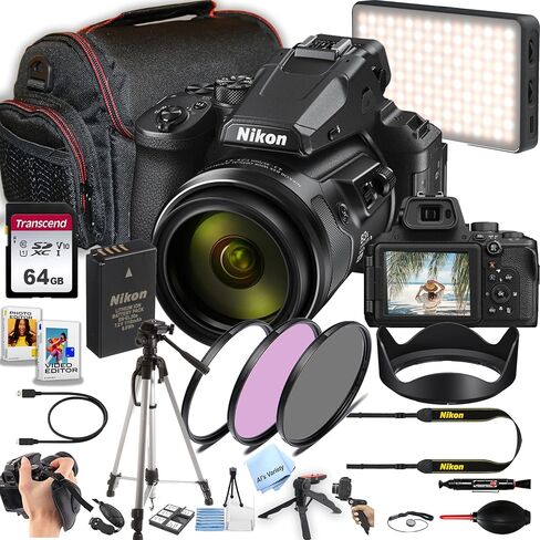 كاميرا نيكون COOLPIX P950 الرقمية زووم 24-2000 ملم | 83x، فيديو بدقة 16 ميجابكسل بدقة 4K + ذاكرة سعة 64 جيجابايت، وحقيبة، وحامل ثلاثي القوائم، ومرشحات، وإضاءة فيديو LED والمزيد (حزمة كاميرا مكونة من 28 قطعة) (متجددة) in Kuwait