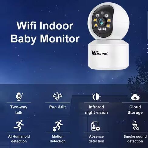 كاميرا Wistino 3mp داخلية WiFi للأمن مع تطبيق الهاتف، صورة ملونة، رؤية ليلية وأشعة تحت الحمراء، اكتشاف الحركة/الإنسان، صوت ثنائي الاتجاه، ضوء كشاف، إنذار/صافرة إنذار، قدرة التسجيل، تخزين سحابي in Kuwait