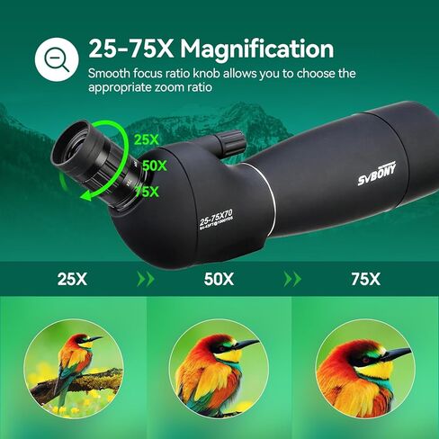 نطاقات اكتشاف SVBONY SV28 مع حامل ثلاثي القوائم، نطاق اكتشاف 25-75x70 مع محول الهاتف، IP65 نطاق رصد مقاوم للماء للضباب لإطلاق النار على الهدف، ومشاهدة الطيور in Kuwait