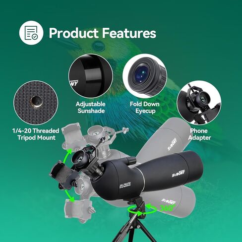 نطاقات اكتشاف SVBONY SV28 مع حامل ثلاثي القوائم، نطاق اكتشاف 25-75x70 مع محول الهاتف، IP65 نطاق رصد مقاوم للماء للضباب لإطلاق النار على الهدف، ومشاهدة الطيور in Kuwait