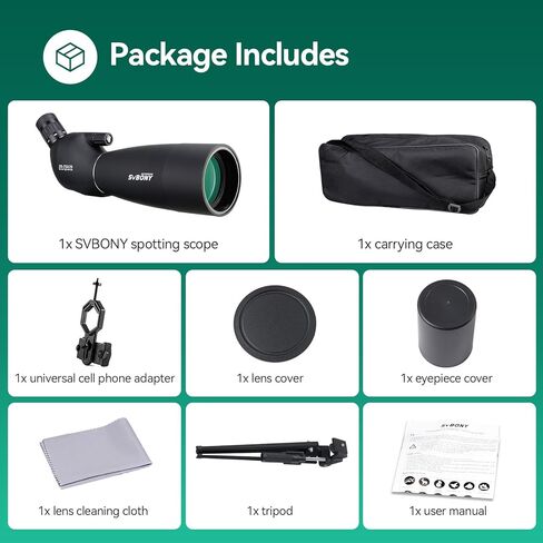 نطاقات اكتشاف SVBONY SV28 مع حامل ثلاثي القوائم، نطاق اكتشاف 25-75x70 مع محول الهاتف، IP65 نطاق رصد مقاوم للماء للضباب لإطلاق النار على الهدف، ومشاهدة الطيور in Kuwait