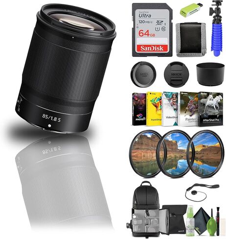 كاميرات Z من Nikon NIKKOR Z مقاس 85 مم وبفتحة f/1.8 S (20090) + بطاقة ذاكرة سعة 64 جيجابايت + طقم مرشح + حقيبة ظهر + قارئ بطاقات + برنامج Corel للصور + حامل ثلاثي القوائم مرن + محفظة ذاكرة + حافظة للغطاء + المزيد in Kuwait