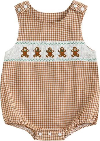 Newborn Baby Boy Christmas Outfit Embroidery Sleeveless Smocked Bubble Romper Plaid Overalls Bodysuit Winter Clothes in Saudi Arabia