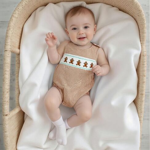 Newborn Baby Boy Christmas Outfit Embroidery Sleeveless Smocked Bubble Romper Plaid Overalls Bodysuit Winter Clothes in Saudi Arabia