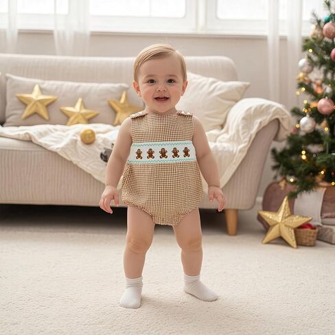 Newborn Baby Boy Christmas Outfit Embroidery Sleeveless Smocked Bubble Romper Plaid Overalls Bodysuit Winter Clothes in Saudi Arabia