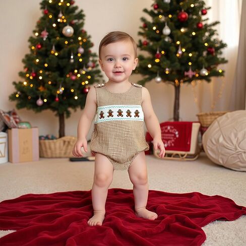 Newborn Baby Boy Christmas Outfit Embroidery Sleeveless Smocked Bubble Romper Plaid Overalls Bodysuit Winter Clothes in Saudi Arabia