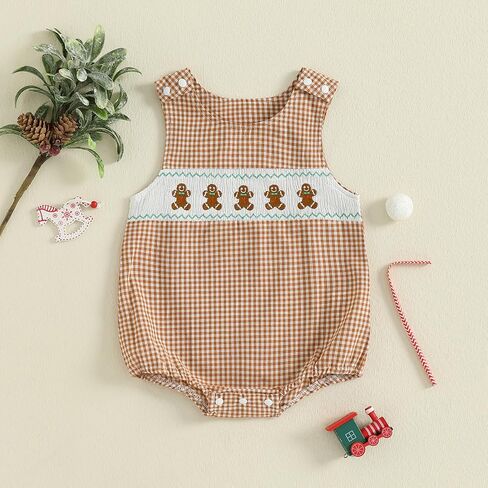 Newborn Baby Boy Christmas Outfit Embroidery Sleeveless Smocked Bubble Romper Plaid Overalls Bodysuit Winter Clothes in Saudi Arabia