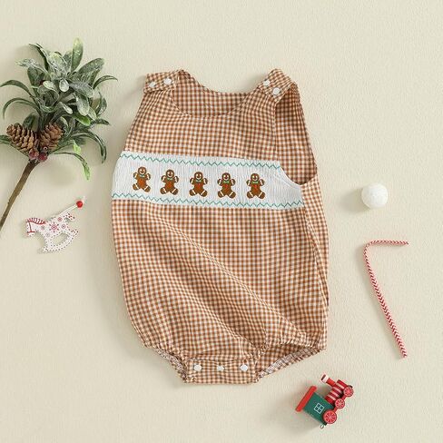 Newborn Baby Boy Christmas Outfit Embroidery Sleeveless Smocked Bubble Romper Plaid Overalls Bodysuit Winter Clothes in Saudi Arabia