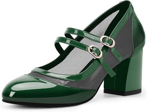حذاء نسائي بكعب عالٍ من Air Mesh Mary Janes Pumps مع كعب سميك وحزام بإبزيم مزدوج in Kuwait