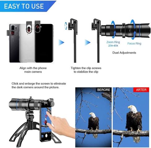 Telescopes for Adults Astronomy, High Power Outdoor HD Monocular Telescopes, 20-40X Zoom Monocular Telescope with Tripod and Clip, Multi-Coated BAK4 Super Telephoto Binoculars for Most Smartphone in Saudi Arabia