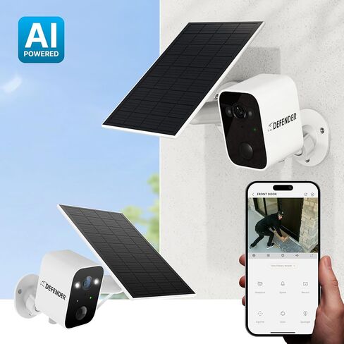 كاميرا مراقبة خارجية لاسلكية من Defender تعمل بالطاقة الشمسية بدقة 4K/8 ميجابكسل AI Everwatch، 3 عبوات، تعمل بالبطارية، تتبع الذكاء الاصطناعي، رؤية ليلية ملونة، أضواء كاشفة/صافرة إنذار، تصنيف IP66، محادثة ثنائية الاتجاه، بدون رسوم شهرية in Saudi Arabia
