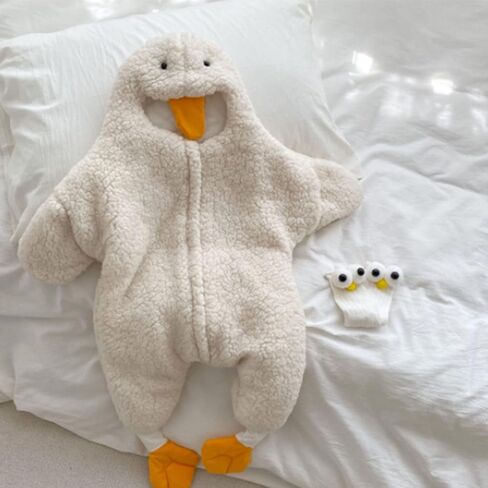 TOPINCN Baby Onesie White Goose لطيف دافئ عملي من الصوف والبوليستر بذلة صديقة للبشرة للأطفال حديثي الولادة من الصوف لفصل الشتاء in Kuwait