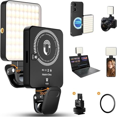 مصباح Denash المغناطيسي، ضوء فيديو LED RGB يدور 360 درجة مع 3 أوضاع ألوان و10 مستويات سطوع للبث المباشر، صور السيلفي in Kuwait