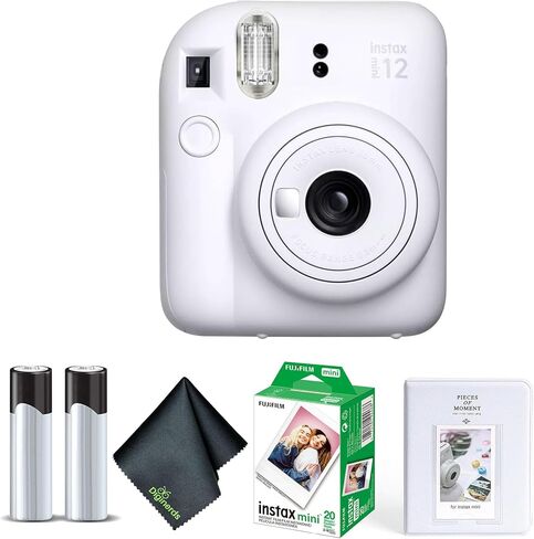 Fujifilm Instax Mini 12 Instant Camera Clay White Bundle with Fuji Instax Mini Film Value Pack (20 Sheets) + Photo Album + Microfiber Cleaning Cloth in Saudi Arabia