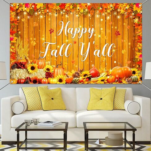 Mocsicka Happy Fall Y'all Backdrop Autunm Harvest Pumpkin Party Decorations Banner Fall Male Leaf Thanksgiving Day Background for Photography (Yellow, 70.8x43.3 inch) in Saudi Arabia